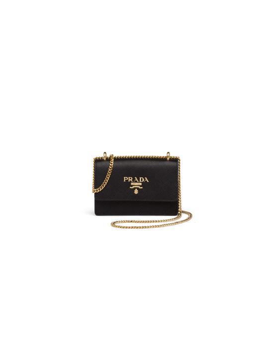 Prada Saffiano Leather Card Holder With Shoulder Strap Black | 57GCOMQVT